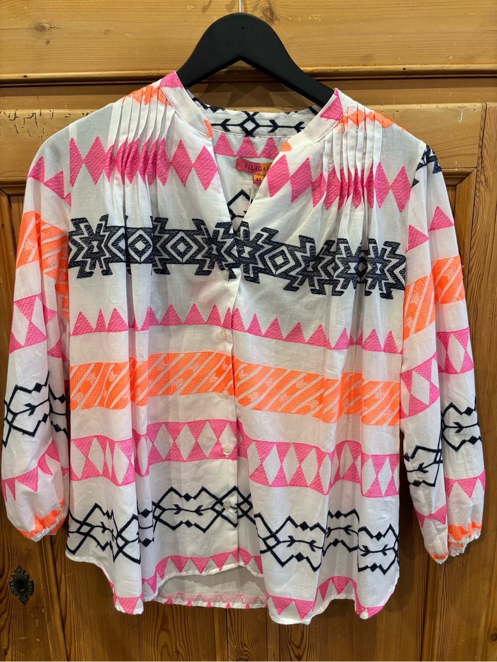 Vilagallo White Blouse with Pink, Orange & Black Geometric Motif